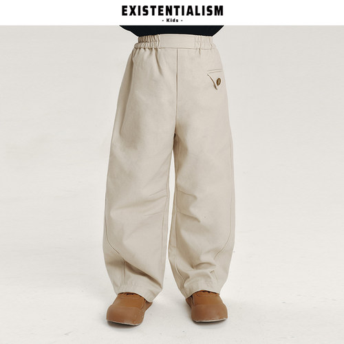 EXISTENTIALISMkids26ss新款松紧腰宽松弯刀裤三角贴袋白牛仔裤