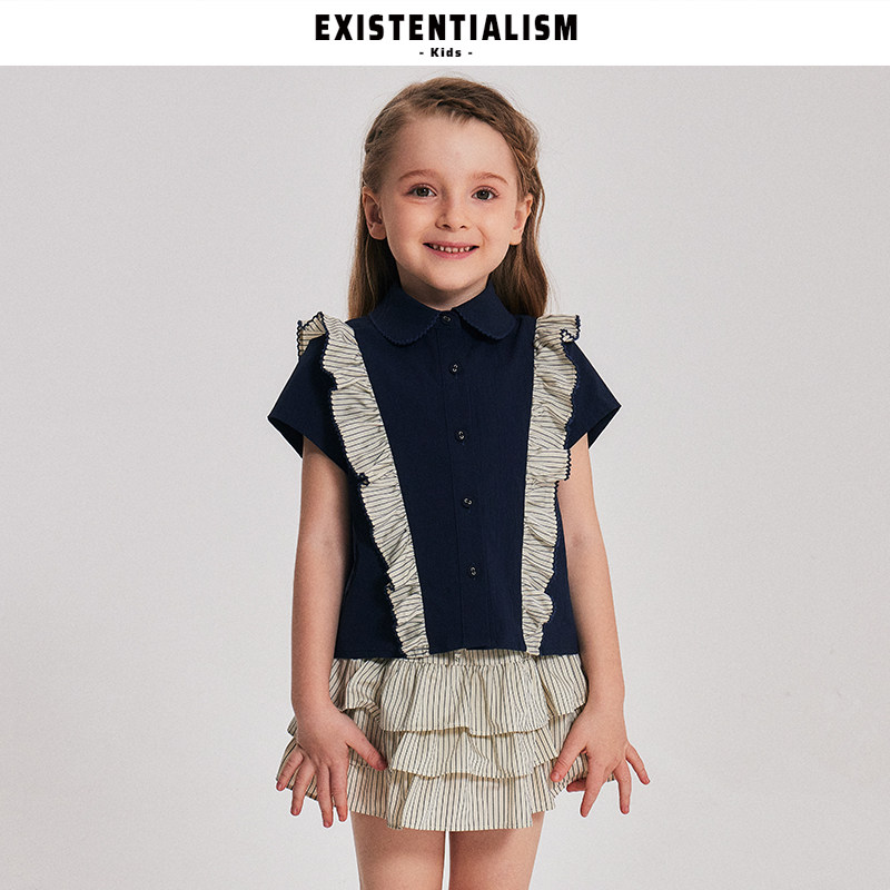 EXISTENTIALISMKids26新款女童夏季上衣撞色木耳花边狗牙条纹小衫