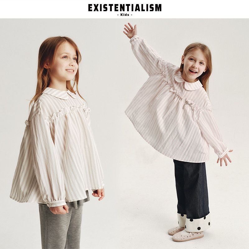 EXISTENTIALISMkids26ss新款宽松木耳边烫钻蝴蝶结上衣条纹娃娃衫