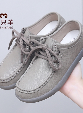 三只羊新款真皮系带单鞋圆头防滑软底加棉休闲鞋女中老年妈妈鞋女