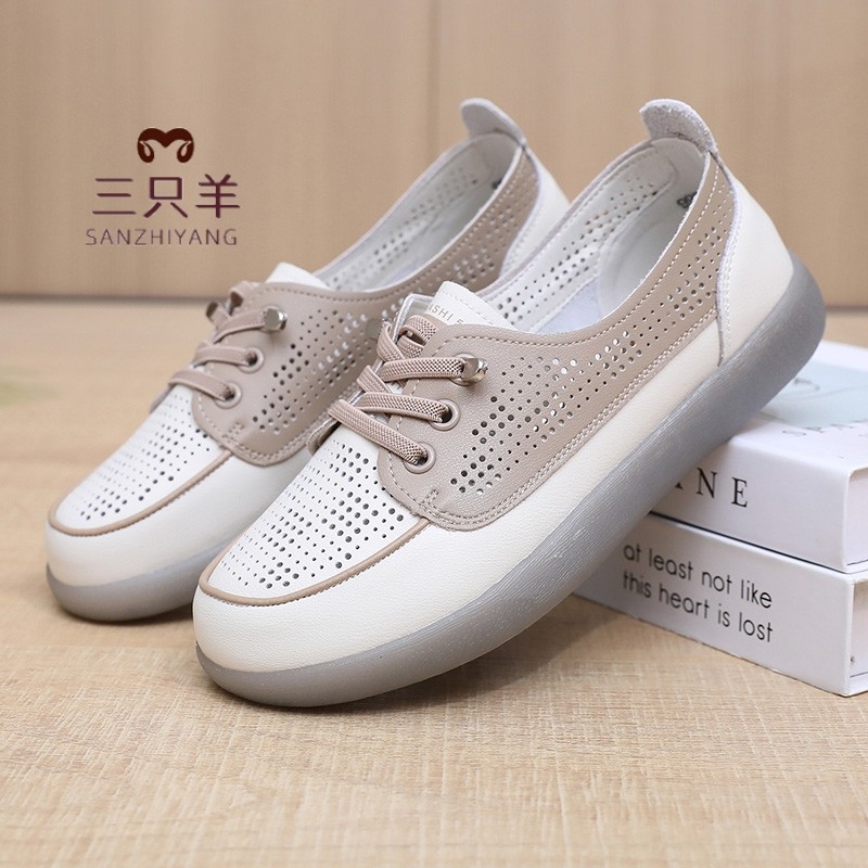 三只羊夏季透气平底妈妈鞋镂空2026真皮洞洞休闲鞋防滑一脚蹬单鞋,女鞋,浅口单鞋,淘宝优惠券,粉丝福利购,淘宝优惠卷