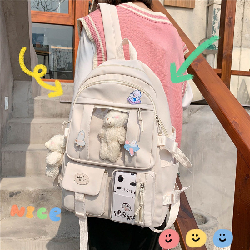 新款ins风大容量初中生书包女孩韩版原宿卡通吧唧双肩包学生背包