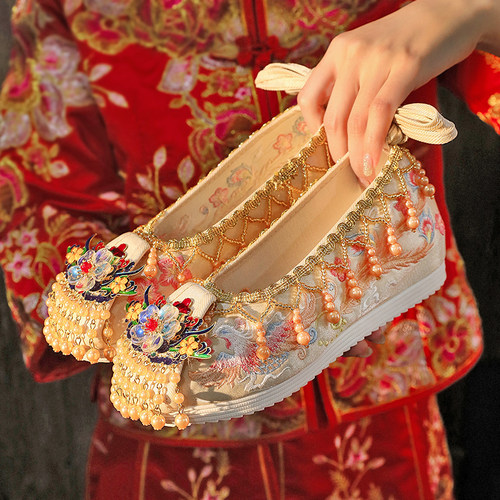 冬季加绒汉服鞋子女秀禾婚鞋红色