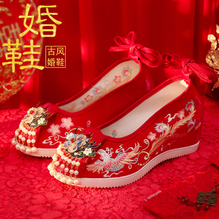秋冬汉服鞋子秀禾婚鞋民族风绣花鞋中式婚礼红色新娘鞋内增高女鞋
