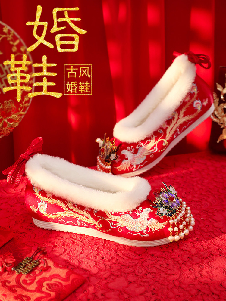 HANFU SHOES CHILDRENS WINTER VELVET XIUHE CLOTHES WEDDING SHOES EMBROIDERED SHOES ANTIQUE STYLE RED BRIDAL SHOES