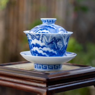 景德镇画堂春陶瓷三国题材雪景三顾茅庐三才盖碗青花瓷釉下彩手绘