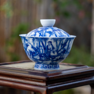 景德镇画堂春陶瓷人物竹林七贤两才盖碗青花瓷釉下彩手绘手工高温