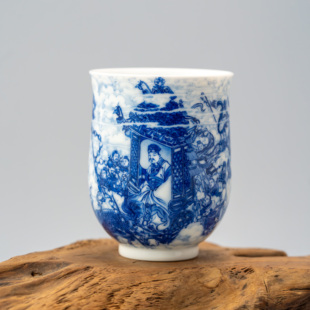 画堂春青花九字珍藏款三官出巡图天官唐尧大腰鼓杯手工手绘人物杯