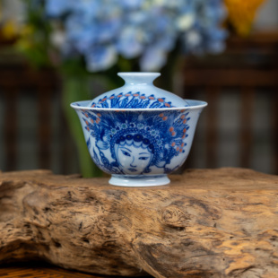 景德镇画堂春陶瓷蓝上蓝虞美人两才盖碗釉下五彩青花瓷手工手绘