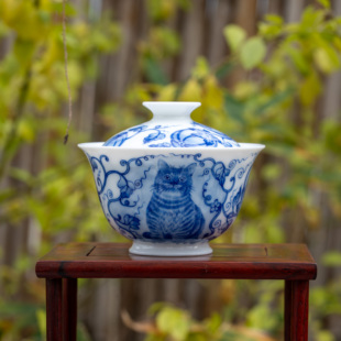景德镇画堂春陶瓷西瓜猫两才盖碗青花瓷釉下彩手工手绘高温烧制