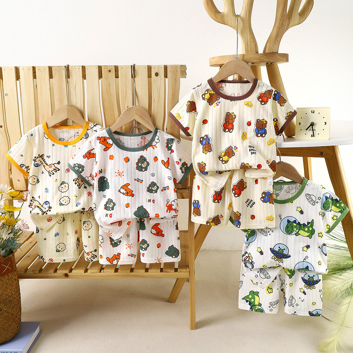 儿童夏季纯棉短袖t恤两件套女童套装宝宝短裤卡通薄款家居服男童