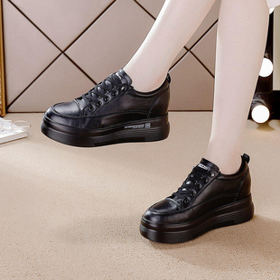 香港真皮内增高小皮鞋女鞋2026春加绒厚底显脚小个子小白鞋休闲鞋