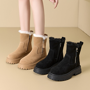 香港真皮雪地靴女款2025新款冬季加厚皮毛一体厚底百搭保暖马丁靴