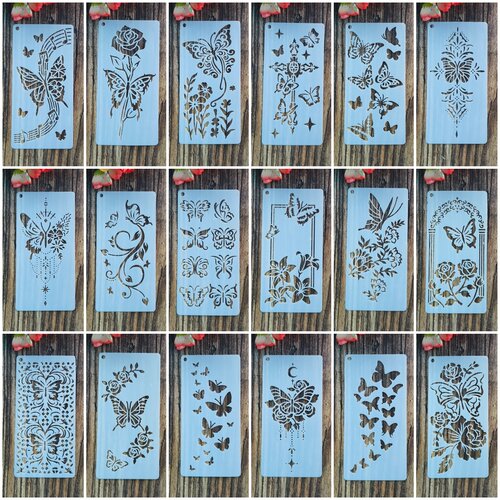 新款蝴蝶纪元塑料镂空绘画模板手账DIY涂鸦喷涂遮蔽板模具花边尺