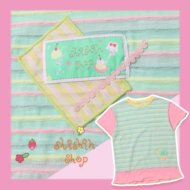 shishihshop糖果彩色短袖T恤拼接条纹立体针织棉