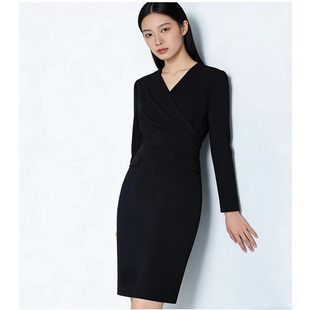 26春季女士商务轻奢优雅黑色V领长袖连衣裙通勤收腰设计感职场裙
