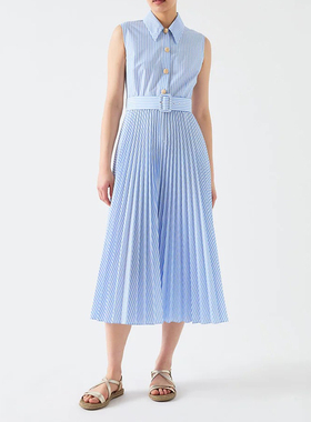 纯原LKB 蓝色衬衫连衣裙2025年夏季新款条纹无袖系腰拼接百褶裙