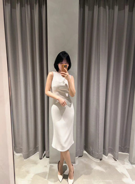 元单货 TH2024夏新品 职场通勤优雅醋酸背心裙修身气质船领连衣裙