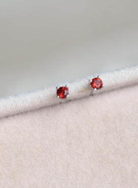 小耳钉红色 防过敏女纯银 韩国优雅气质简约迷你石榴石S925银
