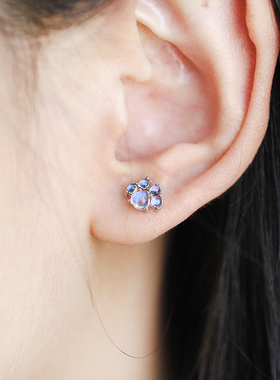 月光石耳钉 天然蓝月光耳饰品 迷你猫爪 小耳钉 925纯银简约饰品