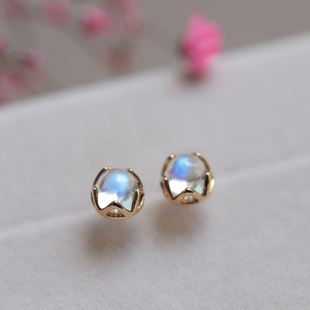 18K黄金耳钉 天然月光石炫彩耳环玫瑰金彩金女耳饰简约百搭送闺蜜
