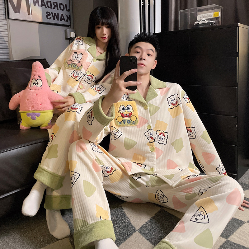 卡通海绵宝宝情侣睡衣男女秋冬空气棉夹层开衫家居服套装