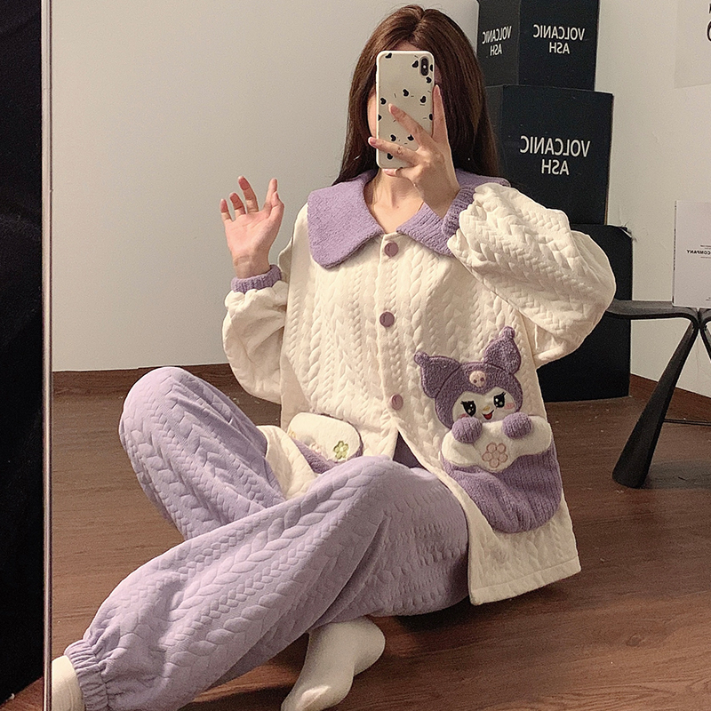 夹层睡衣女秋冬季甜美开衫长袖长裤加肥大码210斤胖M家居服可外穿