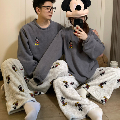 加绒加厚米粒绒女款卡通睡衣秋冬圆领情侣珊瑚绒法兰绒男士家居服