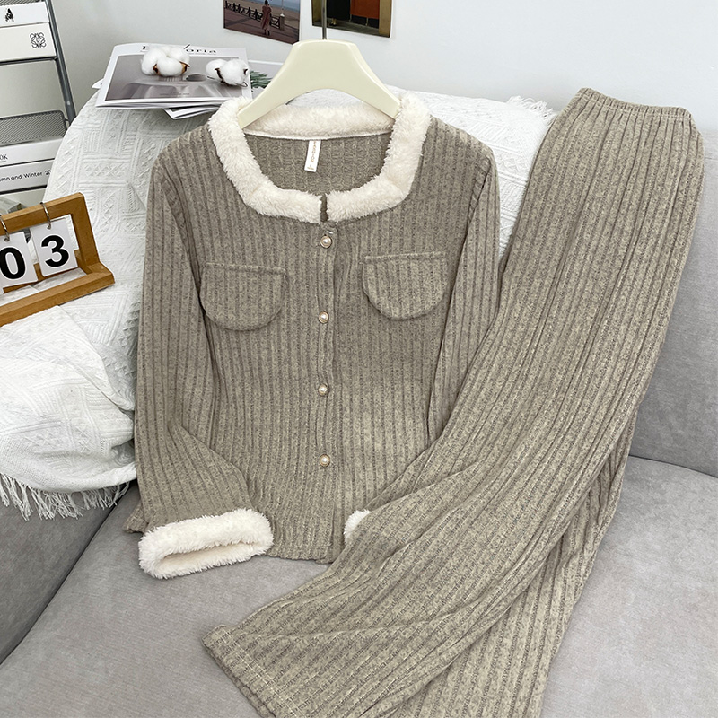 秋冬季羊绒慵懒女裤子小香风睡衣自带胸垫加厚方领气质家居服外穿