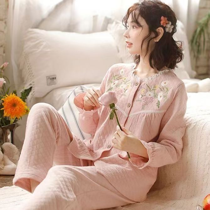 睡衣女秋冬季空气棉夹层加厚加绒保暖长袖长裤家居服两件套装