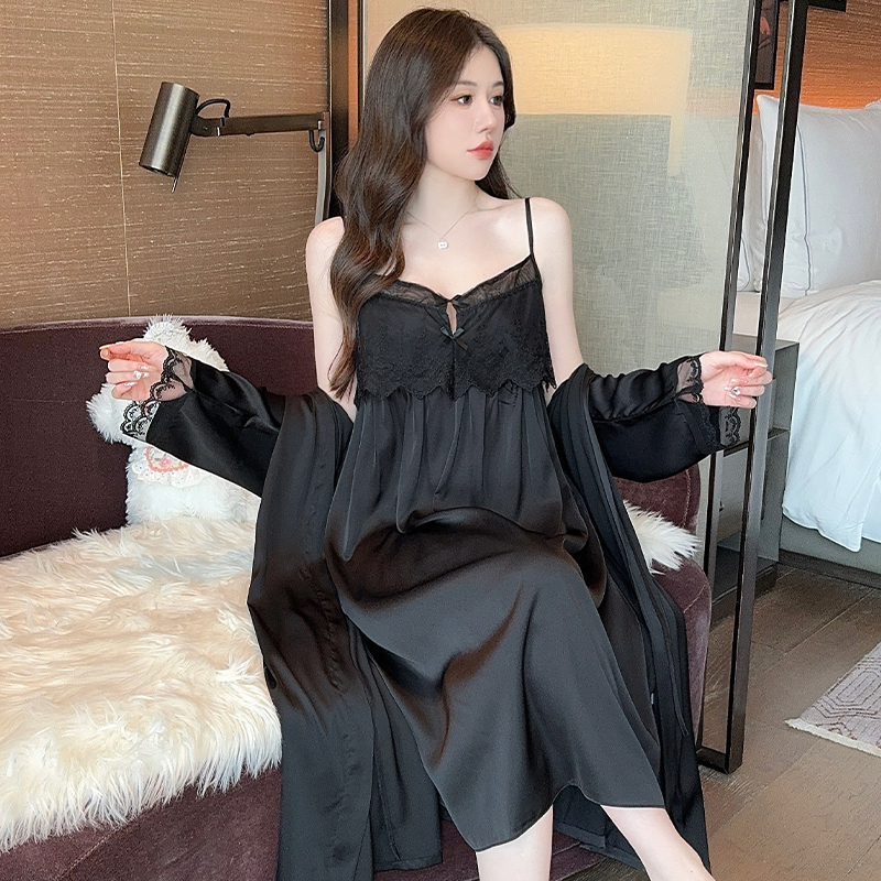 长款睡衣女2025年春季冰丝宫廷风气质带胸垫吊带睡裙两件套家居服