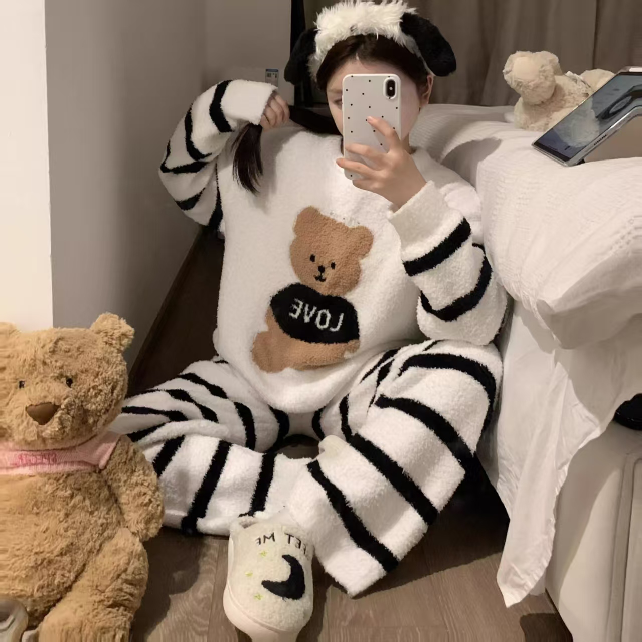 可爱小熊半边绒睡衣女秋冬加厚保暖条纹家居服套装可外穿