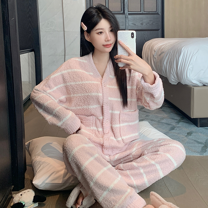 半边绒垂感高品质软绵绵小香风条纹新款睡衣女士加厚保暖公主套装