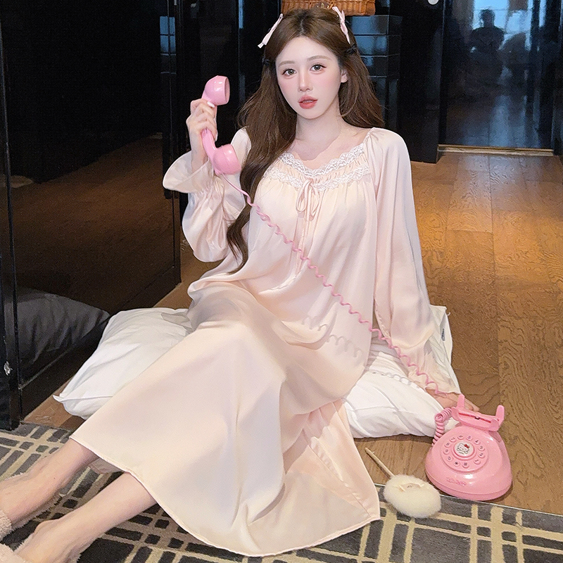 【水云间】睡裙女士秋季冰丝长袖性感蕾丝花边带胸垫家居服连衣裙