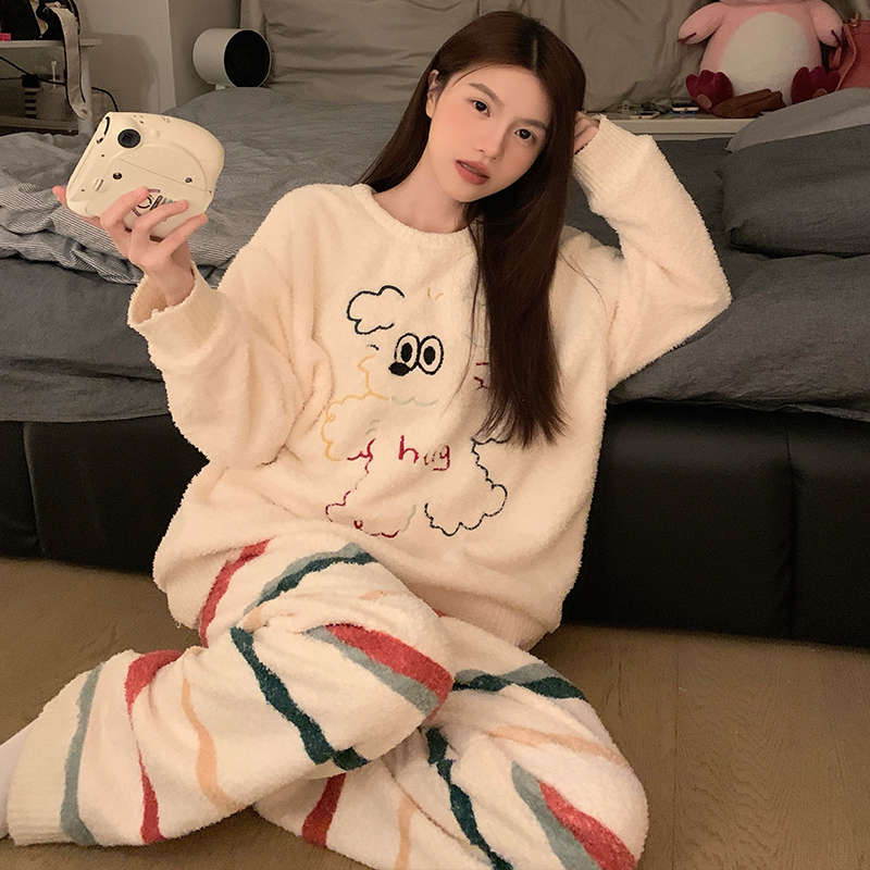 睡衣女冬季长毛半边绒软绵家居服套头圆领家居服加厚ins风韩版