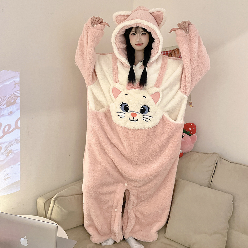 连体睡衣女秋冬珊瑚绒加厚保暖可爱卡通猫咪连帽家居服