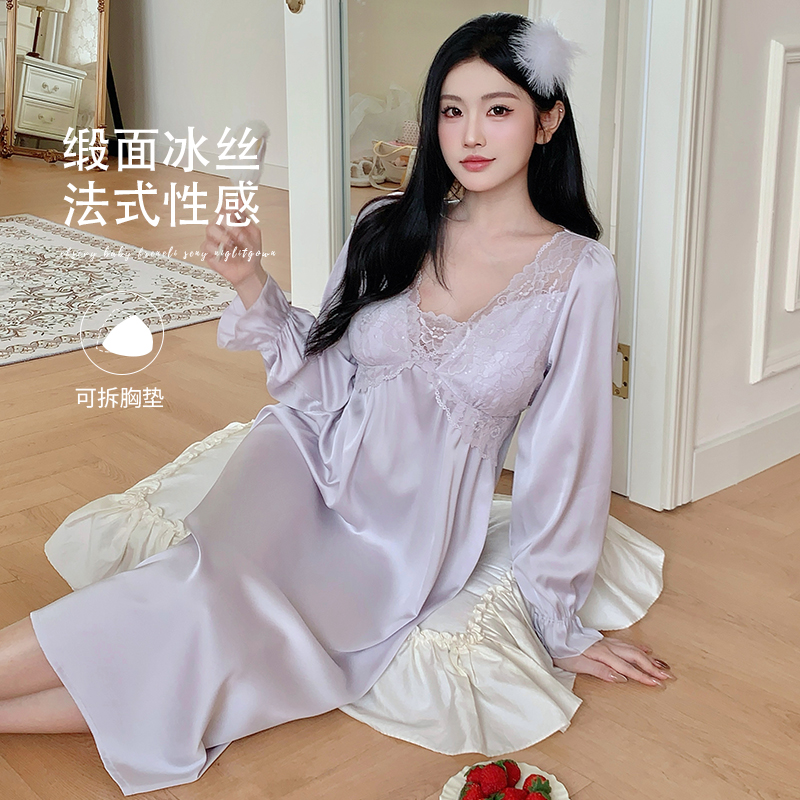 冰丝睡衣女春秋新款带胸垫可拆卸镂空蕾丝睡裙宫廷风长袖家居服