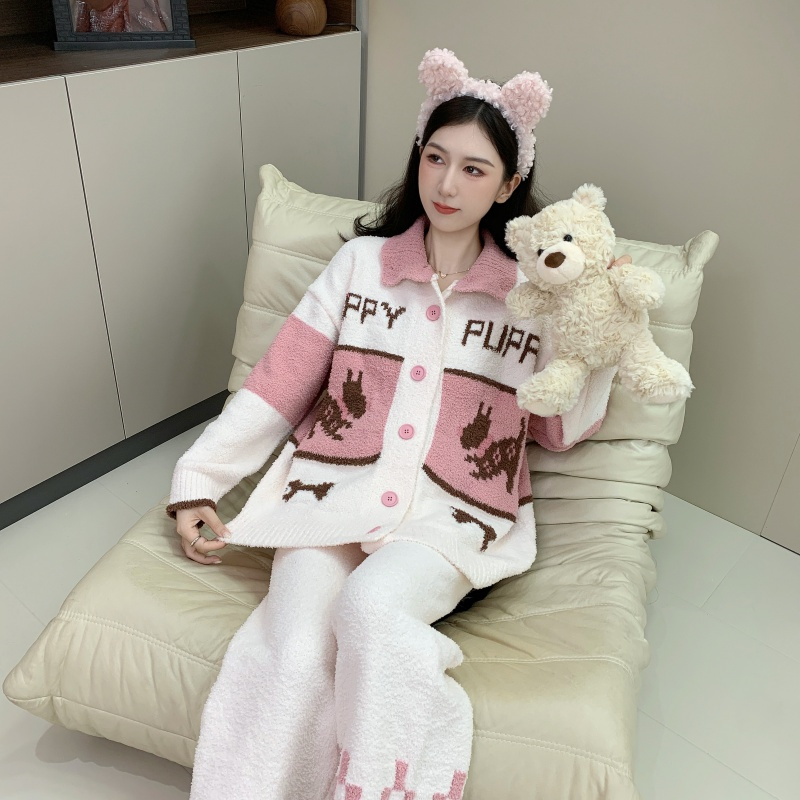 冬季半边绒新品翻领开扣女睡衣软绵绵加厚长袖保暖套装高级感甜美