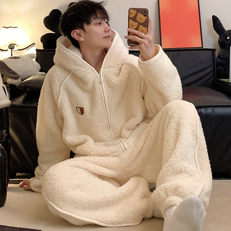 大码情侣冬季加厚长毛绒睡衣男女