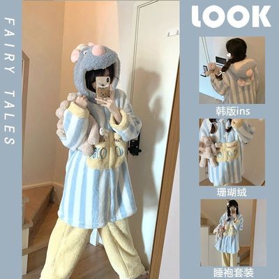 珊瑚绒睡衣女冬季加厚保暖连帽睡袍家居服套装条纹拉链