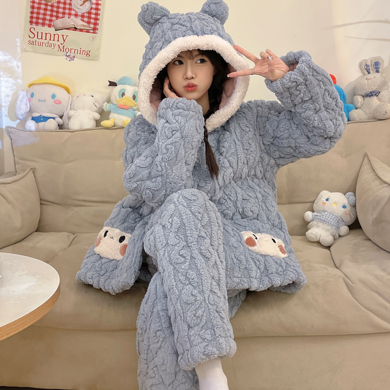 三层夹棉睡衣女秋冬季提花珊瑚绒睡衣加厚可爱套装连帽家居服套装