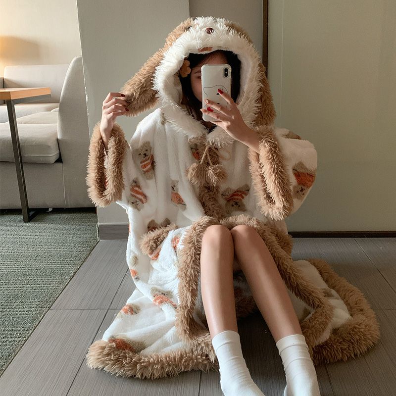 长毛绒连帽睡袍女冬季卡通小熊长毛绒加厚保暖家居服可外穿