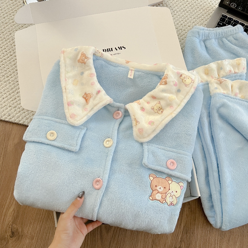 卡通小熊法兰绒娃娃领睡衣女加厚保暖甜美公主风家居服套装