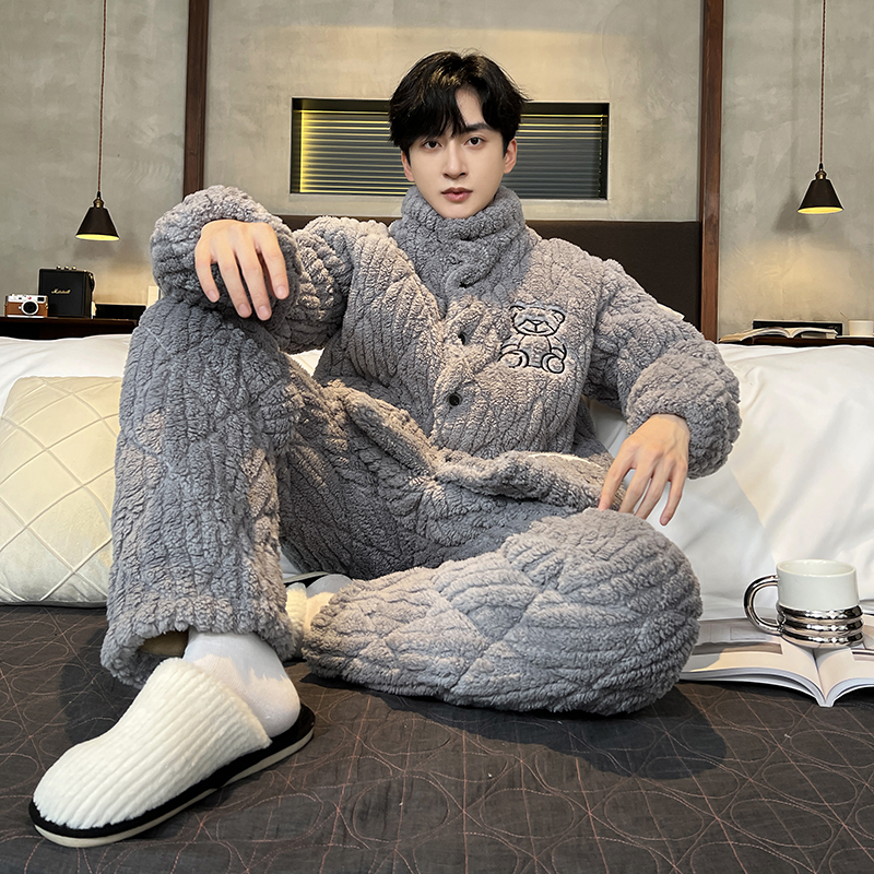 男士睡衣冬季珊瑚绒三层夹棉加厚保暖可外穿家居服套装