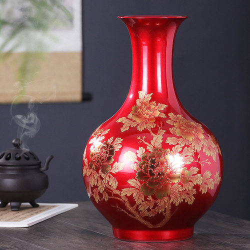 景德镇陶瓷器花瓶摆件中国红色插花中式家居客厅装饰品工艺品瓷瓶 - 封面