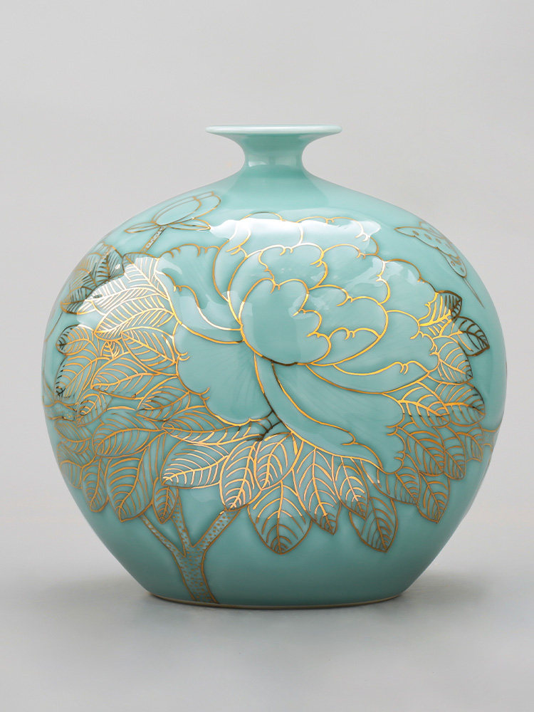 景德镇陶瓷器花瓶大师手绘青釉描金中式轻奢家居客厅装饰摆件饰品