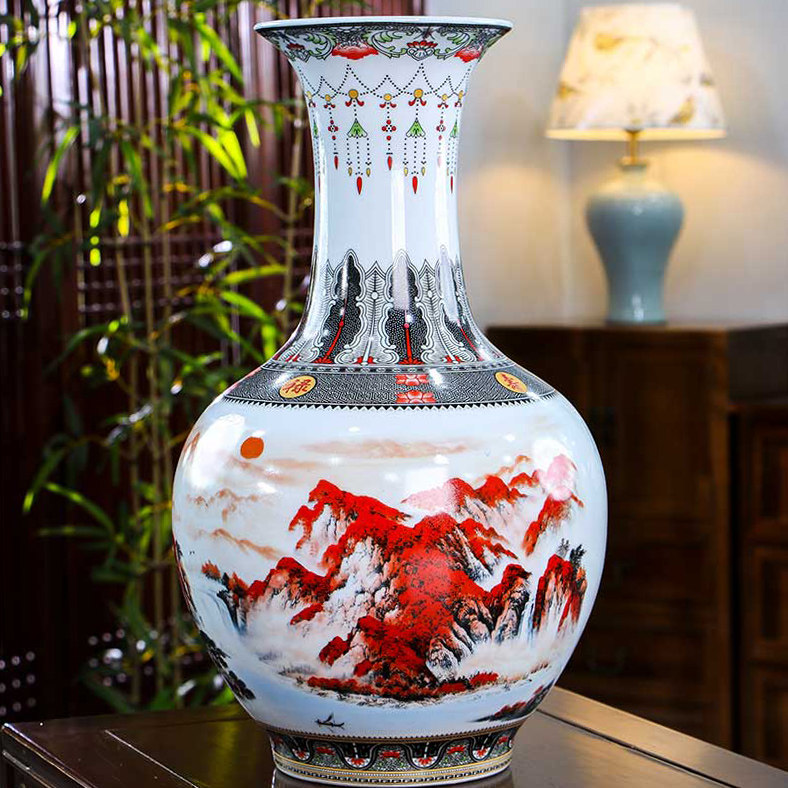 景德镇陶瓷器鸿运当头陶瓷大号花瓶大口摆件客厅插花办公室装饰品
