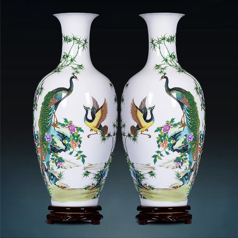 景德镇陶瓷器粉彩孔雀花瓶对瓶中式家居装饰品客厅插花工艺品摆件