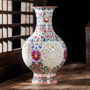 景德镇陶瓷摆件创意镂空粉彩花瓶插花花器现代中式 家居客厅装 饰品