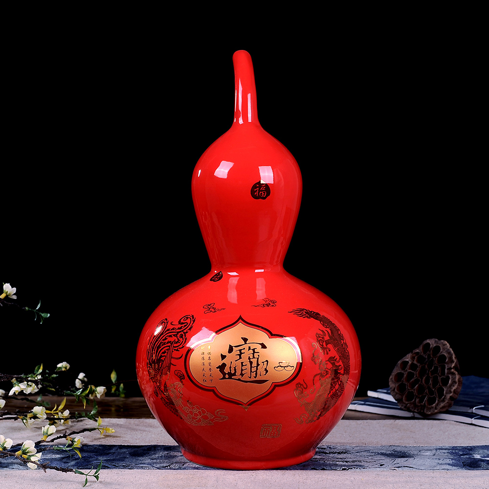 景德镇陶瓷花瓶中国红色葫芦大花瓶中式家居新房装饰品工艺品摆饰